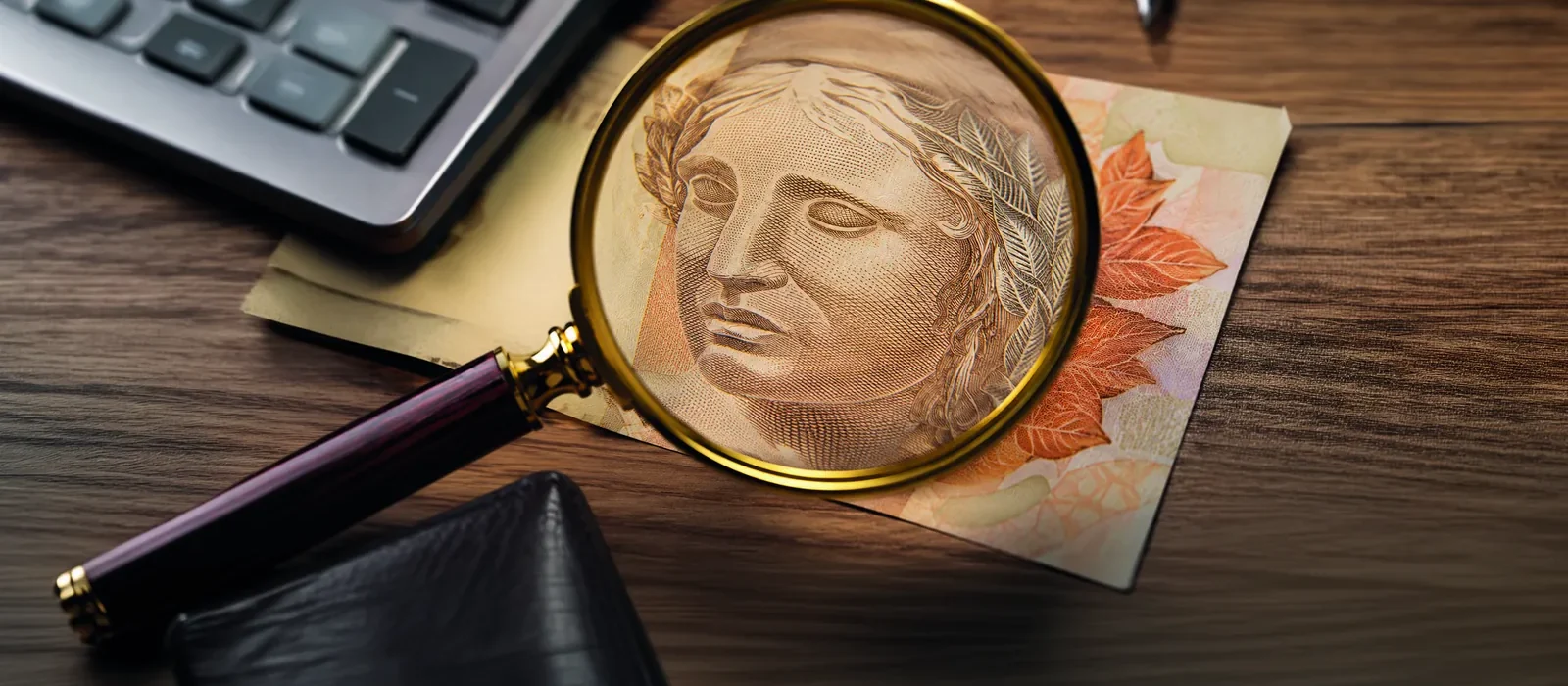 Lupa sobre nota de dinheiro e calculadora